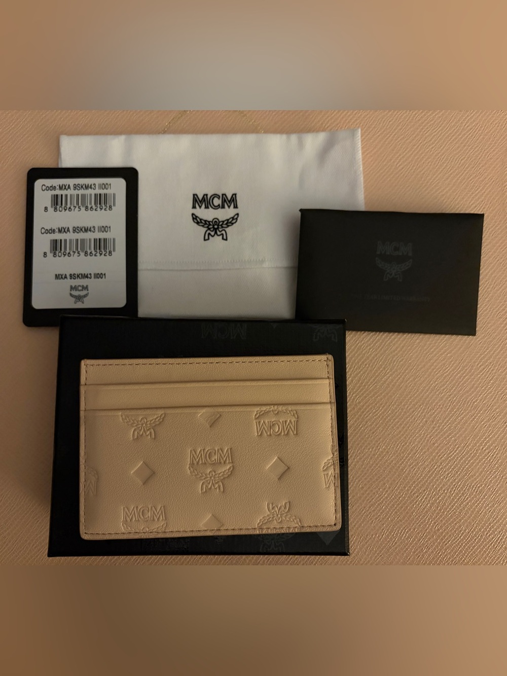 MCM Beige Embossed Leather Card Case